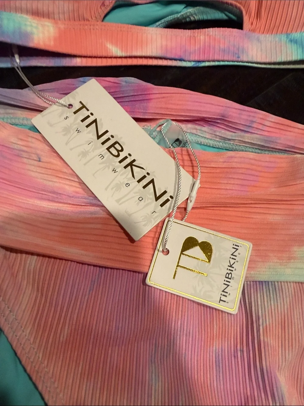 TiniBikini pink and blue tie-dye ribbed two-piece bikini set NWT Size L